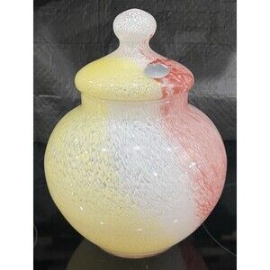 Vtg Murano Apothecary Jar w/ Lid Hand Blown Glass Pink Yellow White Swirl Italy